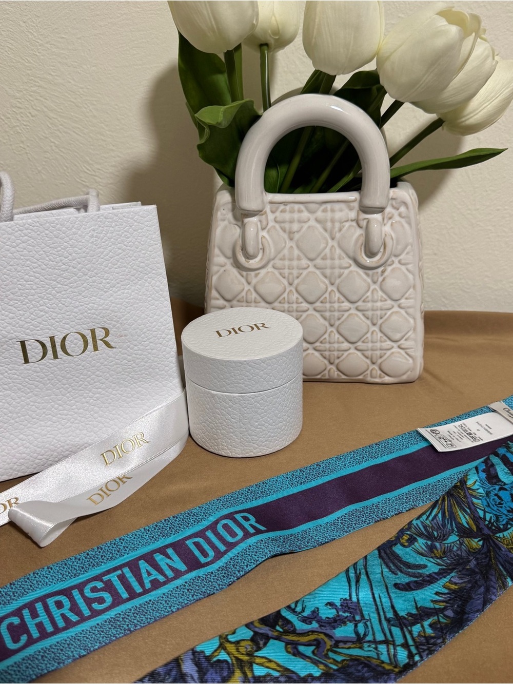 Dior Turquoise & Navy Christian Dior Silk Twilly with Floral and Animal Motif